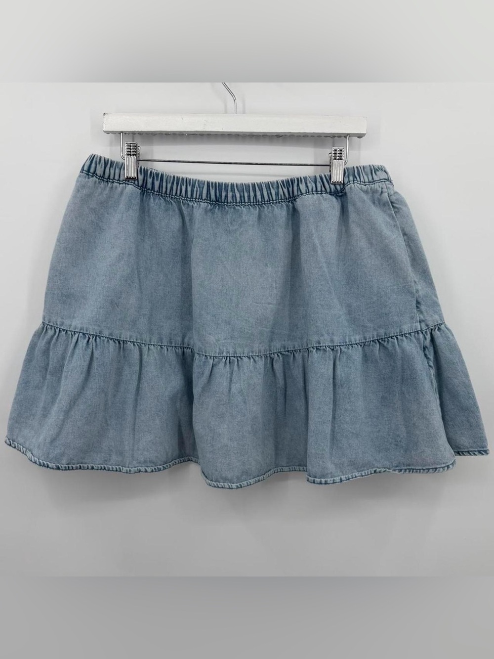 American Eagle Blue Tiered Denim Mini Skirt ruffle hem POCKETS Sz XL 100% cotton